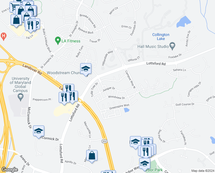 map of restaurants, bars, coffee shops, grocery stores, and more near 1703 Chinaberry Court in Bowie