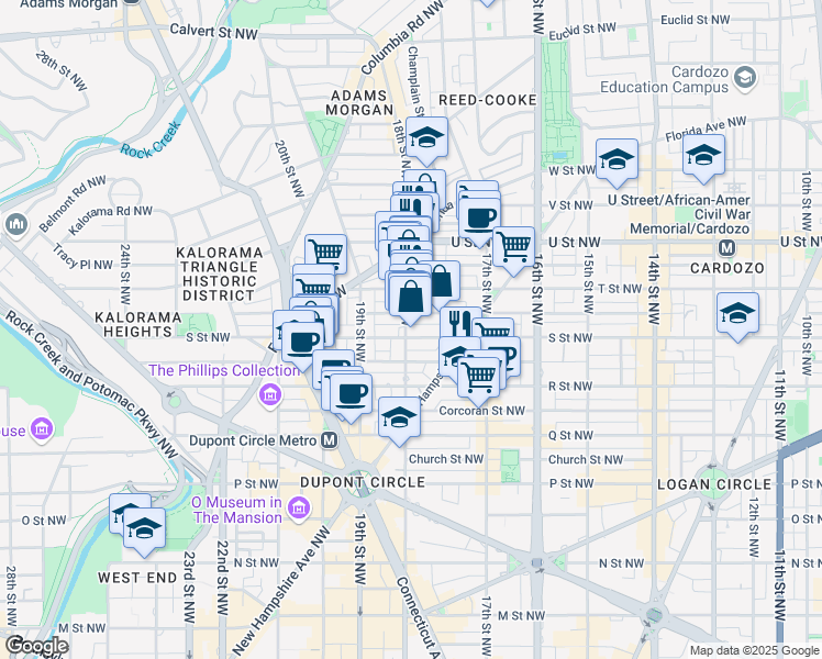 map of restaurants, bars, coffee shops, grocery stores, and more near 1801 18th Street Northwest in Washington