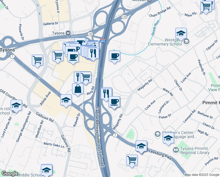 map of restaurants, bars, coffee shops, grocery stores, and more near 1916 Wilson Lane in McLean