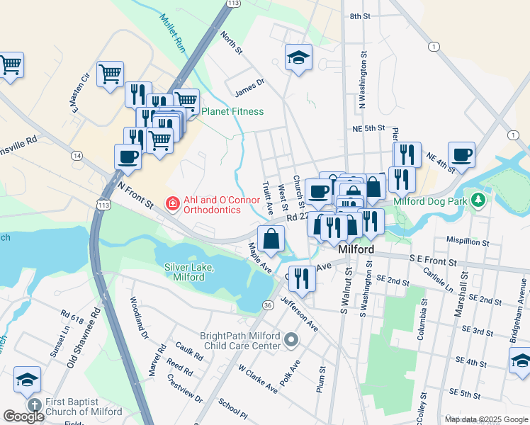 map of restaurants, bars, coffee shops, grocery stores, and more near 112 Truitt Avenue in Milford