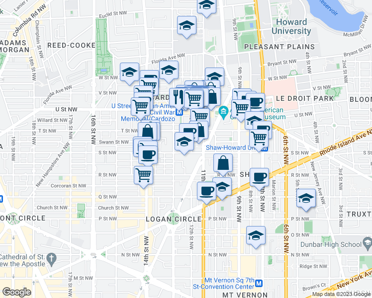 map of restaurants, bars, coffee shops, grocery stores, and more near 1209 S Street NW in Washington