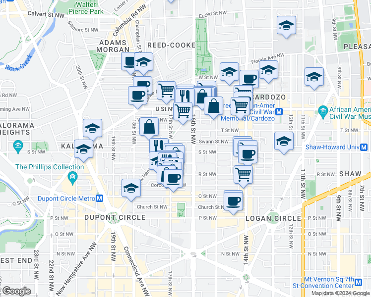 map of restaurants, bars, coffee shops, grocery stores, and more near 1603 S Street NW in Washington