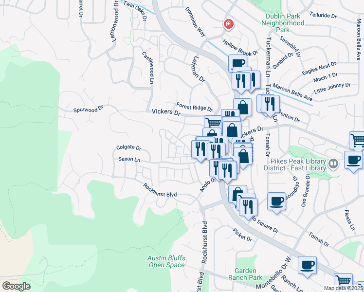 map of restaurants, bars, coffee shops, grocery stores, and more near 2090 Furman Point in Colorado Springs
