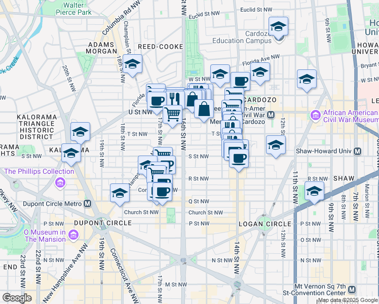 map of restaurants, bars, coffee shops, grocery stores, and more near 1801 16th Street Northwest in Washington