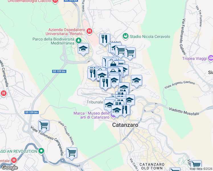 map of restaurants, bars, coffee shops, grocery stores, and more near 2 Via Vittorio Veneto in Catanzaro
