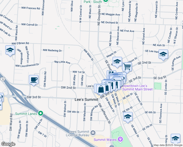 map of restaurants, bars, coffee shops, grocery stores, and more near 4B Northwest Market Street in Lee's Summit