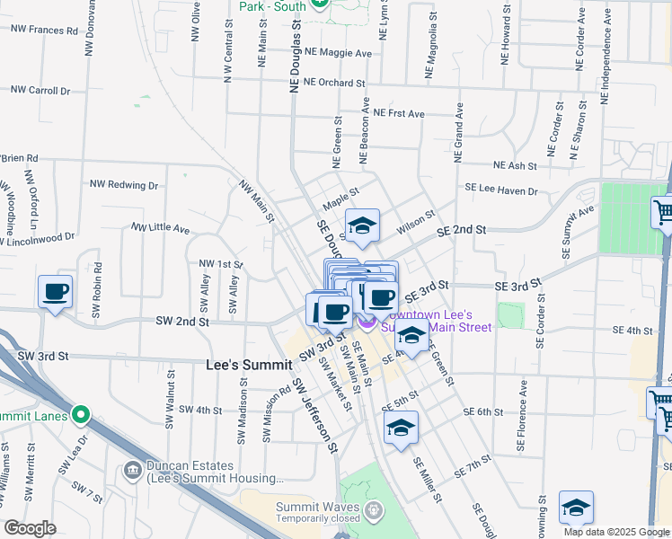 map of restaurants, bars, coffee shops, grocery stores, and more near 115 Southeast Main Street in Lee's Summit