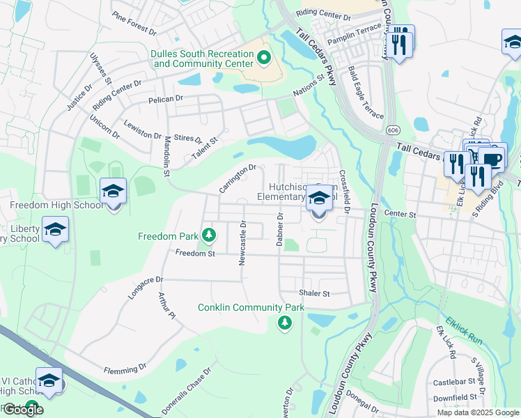 map of restaurants, bars, coffee shops, grocery stores, and more near 42749 Center Street in Chantilly