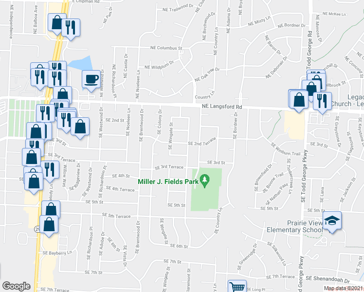 map of restaurants, bars, coffee shops, grocery stores, and more near 1211 Southeast 2nd Terrace in Lee's Summit