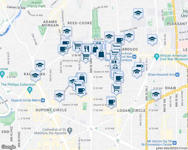 map of restaurants, bars, coffee shops, grocery stores, and more near 1801 16th Street Northwest in Washington
