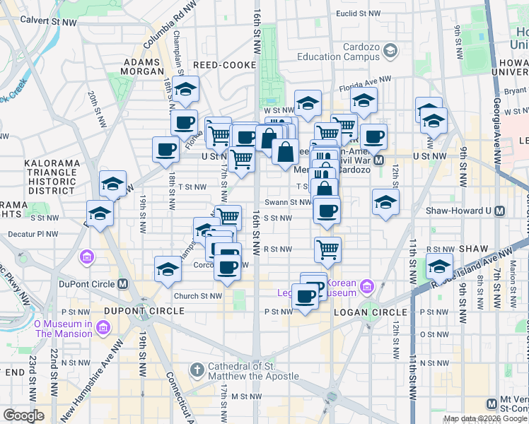 map of restaurants, bars, coffee shops, grocery stores, and more near 1801 16th Street Northwest in Washington