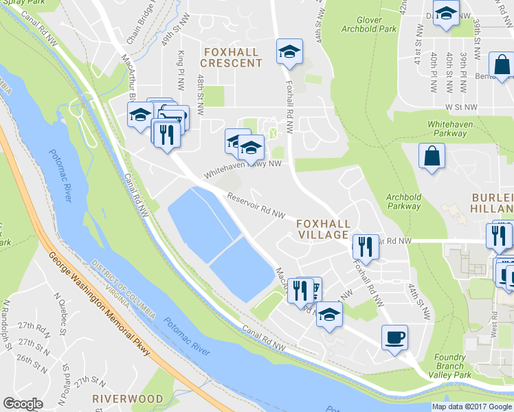 map of restaurants, bars, coffee shops, grocery stores, and more near 1824 47th St NW in Washington