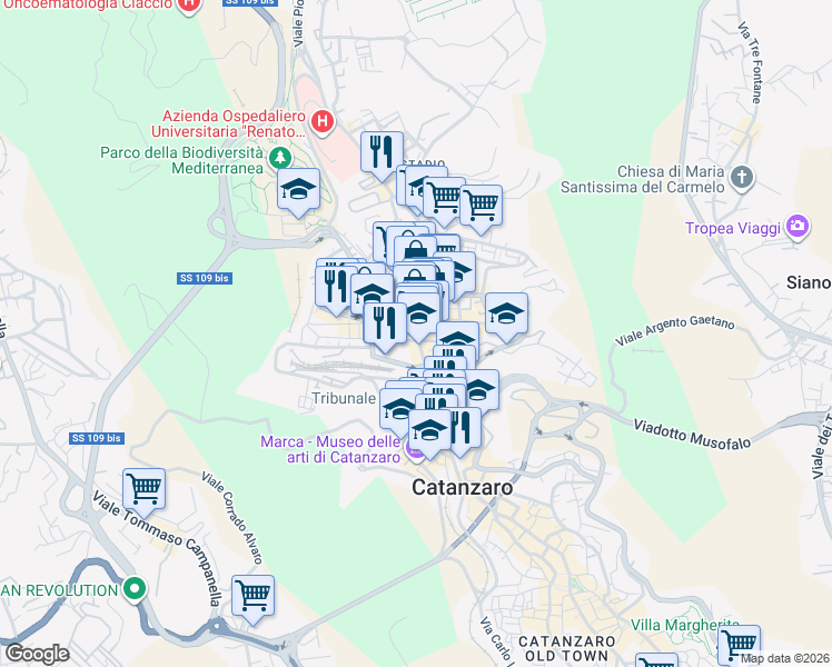 map of restaurants, bars, coffee shops, grocery stores, and more near 2 Via Vittorio Veneto in Catanzaro