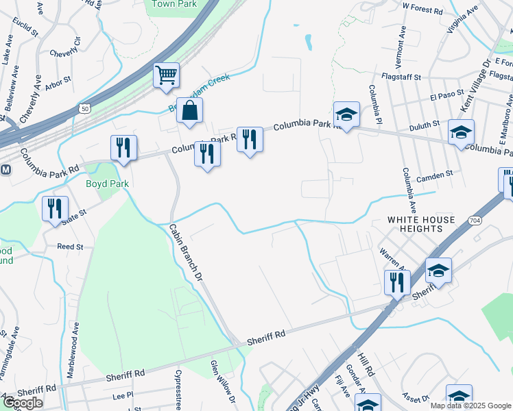 map of restaurants, bars, coffee shops, grocery stores, and more near 1811 Cabin Branch Drive in Hyattsville