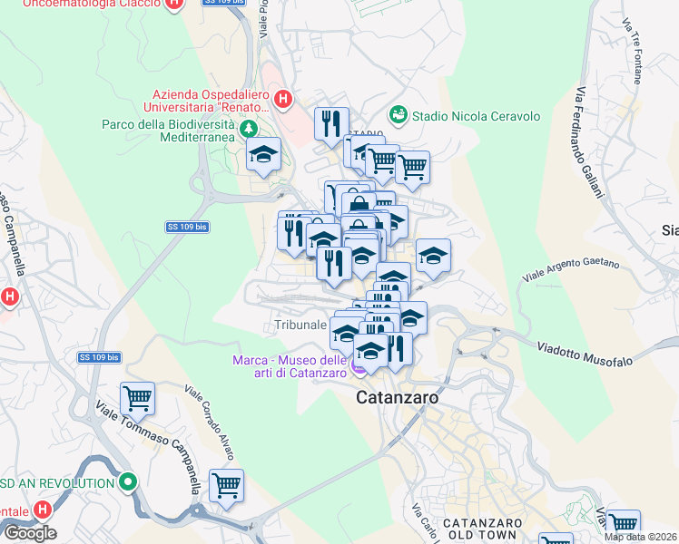 map of restaurants, bars, coffee shops, grocery stores, and more near 2 Via Vittorio Veneto in Catanzaro