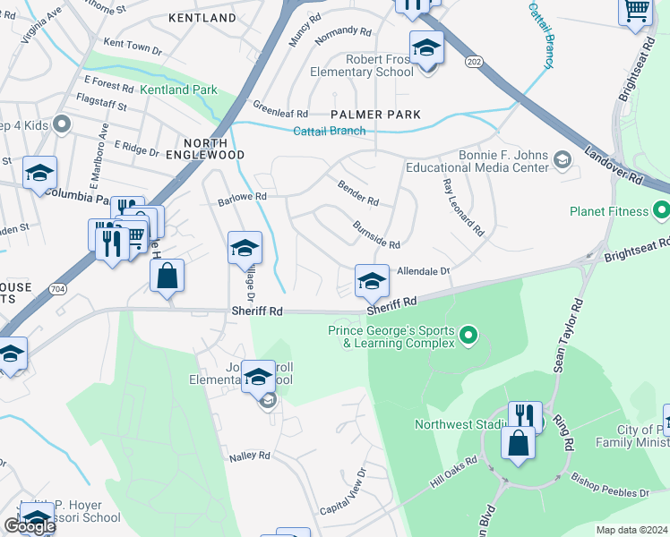 map of restaurants, bars, coffee shops, grocery stores, and more near 7647 Allendale Drive in Hyattsville