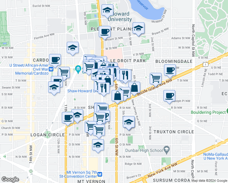 map of restaurants, bars, coffee shops, grocery stores, and more near 1806 6th Street Northwest in Washington