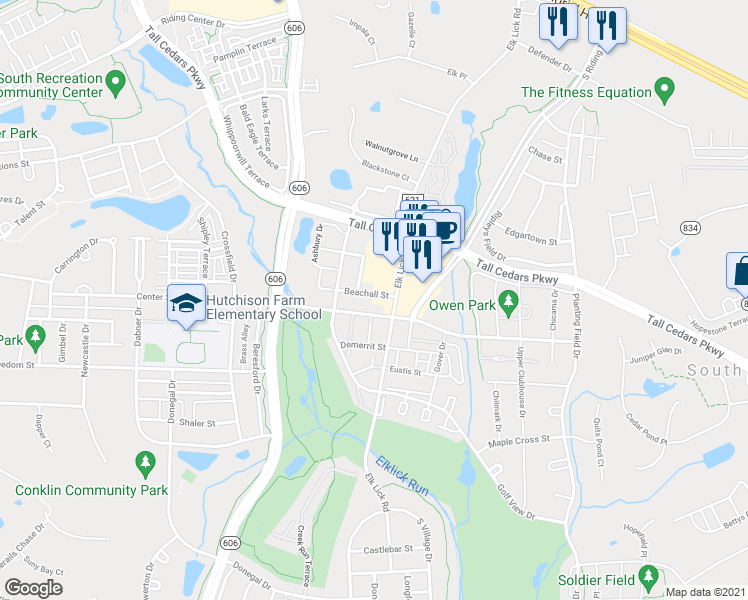 map of restaurants, bars, coffee shops, grocery stores, and more near 43021 Beachall Street in Chantilly