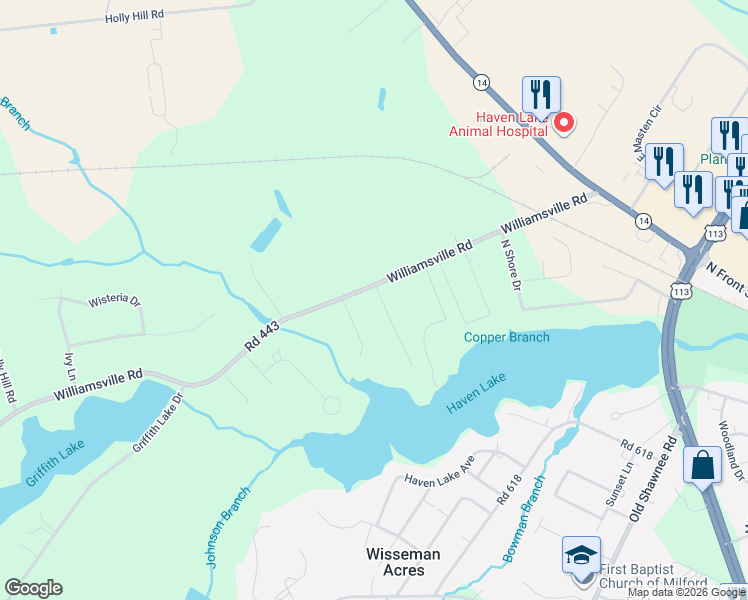 map of restaurants, bars, coffee shops, grocery stores, and more near 6842 Williamsville Road in Milford