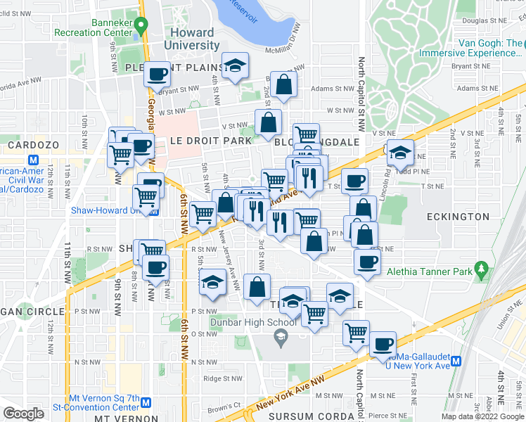 map of restaurants, bars, coffee shops, grocery stores, and more near 101 Independence Avenue Southeast in Washington