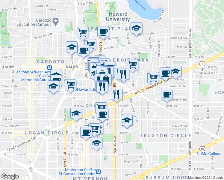 map of restaurants, bars, coffee shops, grocery stores, and more near 101 Independence Avenue Southeast in Washington