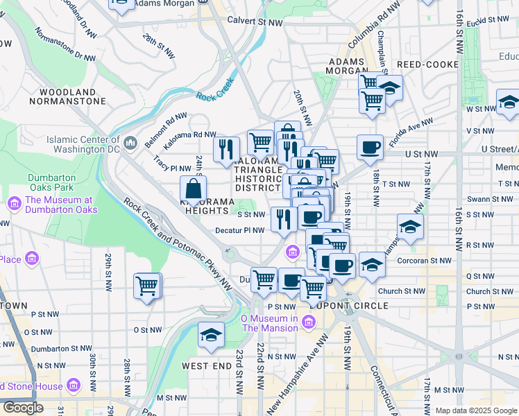 map of restaurants, bars, coffee shops, grocery stores, and more near 1802 Kalorama Square in Washington