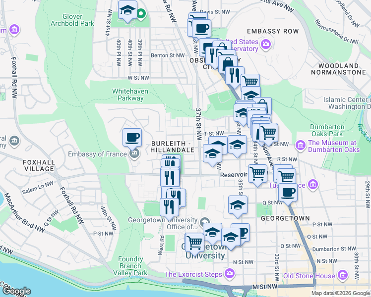 map of restaurants, bars, coffee shops, grocery stores, and more near in Washington
