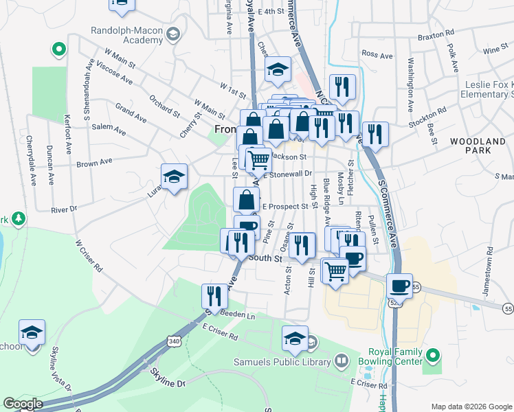 map of restaurants, bars, coffee shops, grocery stores, and more near 233 South Royal Avenue in Front Royal