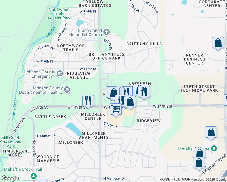map of restaurants, bars, coffee shops, grocery stores, and more near 11835 South Fellows Street in Olathe