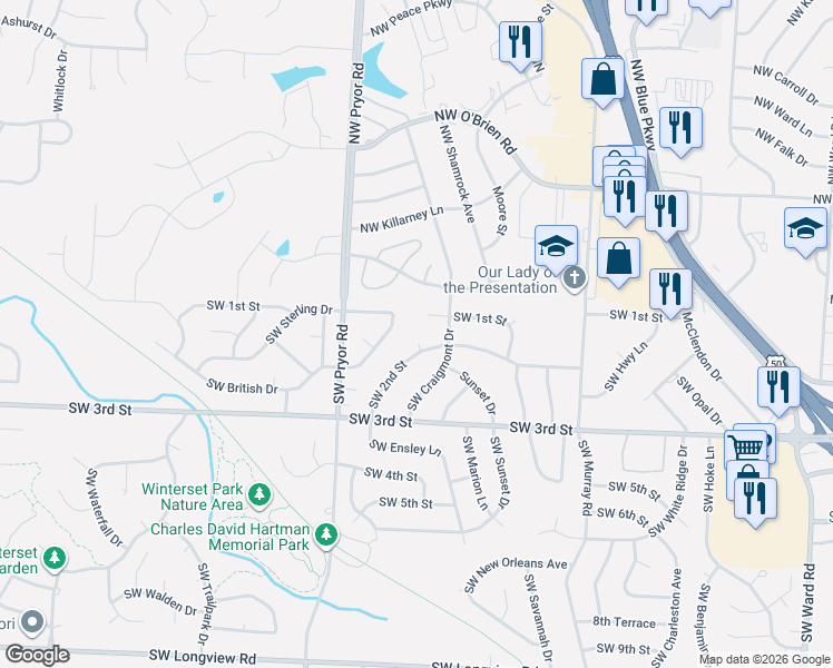 map of restaurants, bars, coffee shops, grocery stores, and more near 1908 Southwest 2nd Street in Lee's Summit