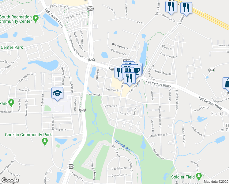 map of restaurants, bars, coffee shops, grocery stores, and more near 43019 Beachall Street in Chantilly