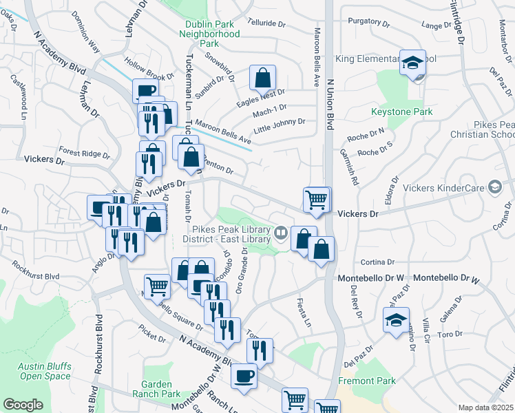 map of restaurants, bars, coffee shops, grocery stores, and more near 2525 Paragon Drive in Colorado Springs