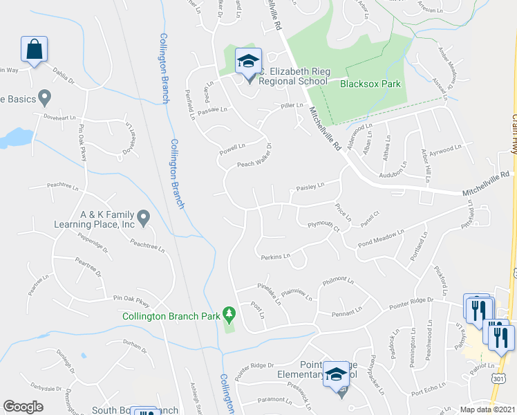 map of restaurants, bars, coffee shops, grocery stores, and more near Peach Walker Drive & Perkins Lane in Bowie