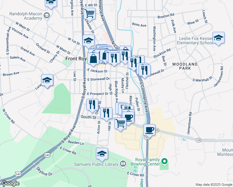 map of restaurants, bars, coffee shops, grocery stores, and more near 405 East Prospect Street in Front Royal
