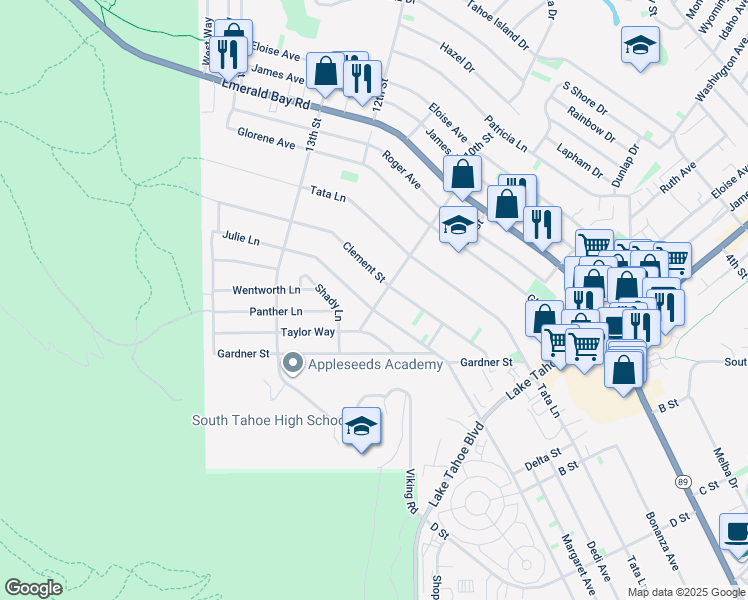 map of restaurants, bars, coffee shops, grocery stores, and more near 1867 10th Street in South Lake Tahoe