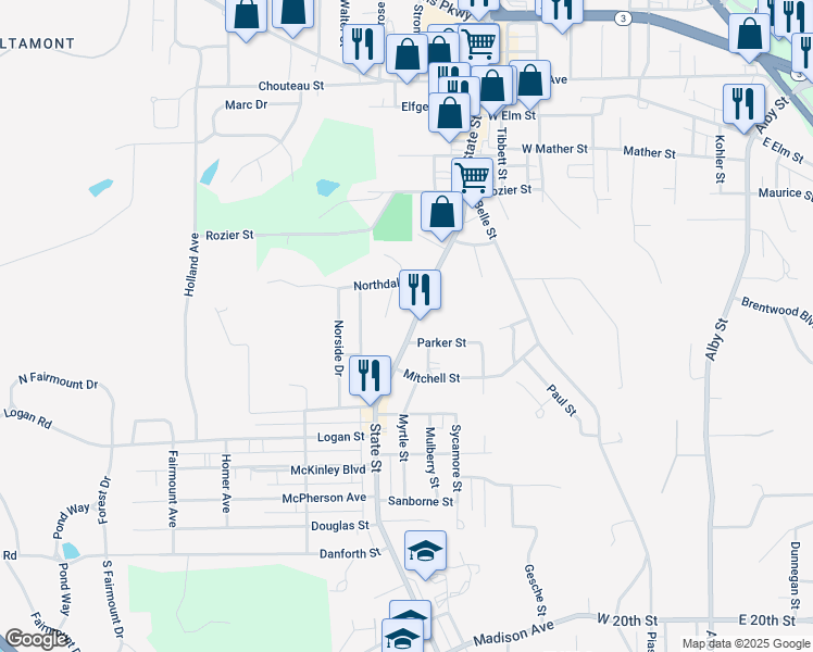 map of restaurants, bars, coffee shops, grocery stores, and more near 2202 State Street in Alton