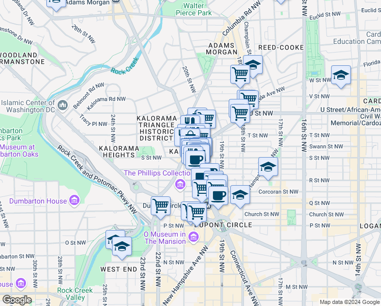 map of restaurants, bars, coffee shops, grocery stores, and more near Connecticut Avenue Northwest & Florida Avenue Northwest in Washington
