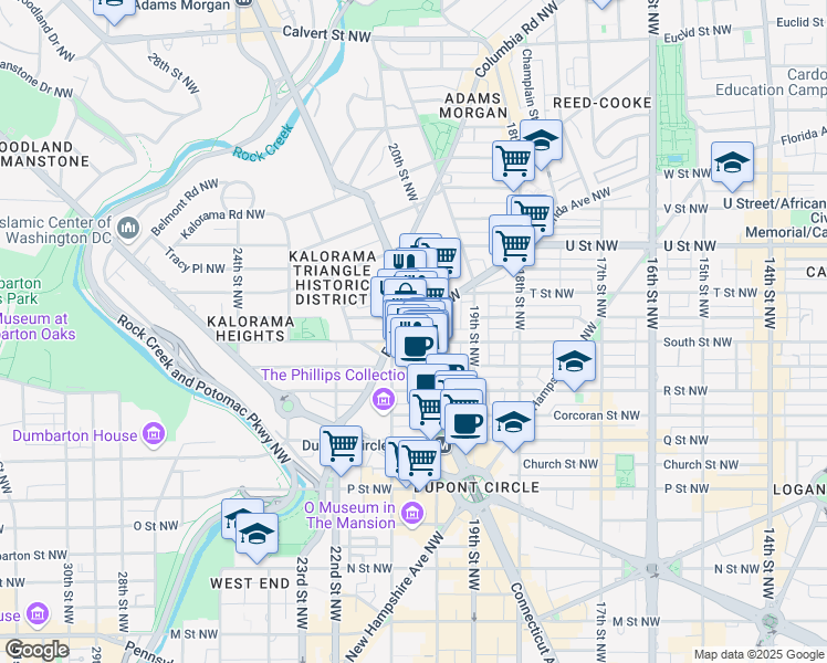 map of restaurants, bars, coffee shops, grocery stores, and more near 1805 Connecticut Avenue Northwest in Washington