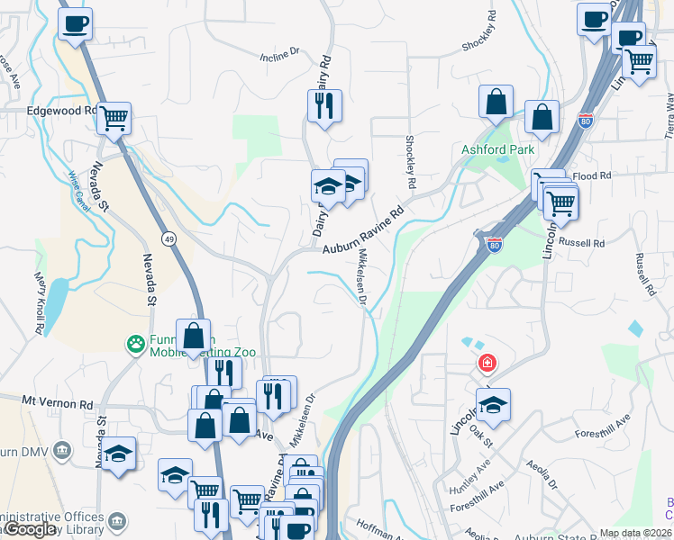 map of restaurants, bars, coffee shops, grocery stores, and more near 130 Karla Way in Auburn