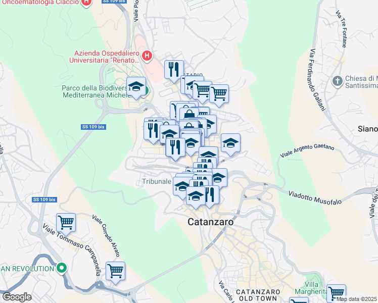 map of restaurants, bars, coffee shops, grocery stores, and more near 2 Via Vittorio Veneto in Catanzaro