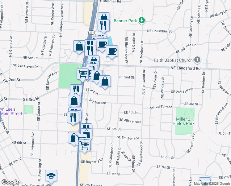 map of restaurants, bars, coffee shops, grocery stores, and more near 216 Southeast Westwind Drive in Lee's Summit