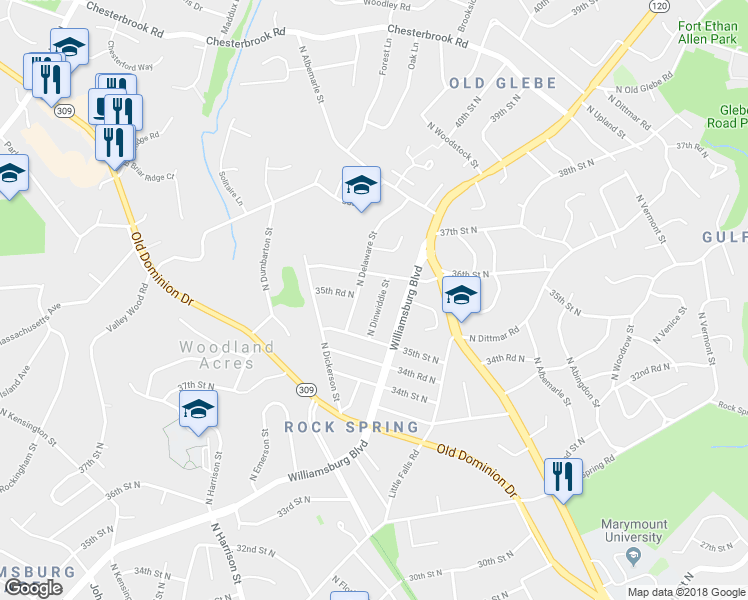 map of restaurants, bars, coffee shops, grocery stores, and more near 3530 North Dinwiddie Street in Arlington