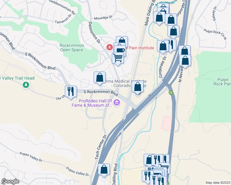 map of restaurants, bars, coffee shops, grocery stores, and more near Delmonico Dr & S Rockrimmon Blvd in Colorado Springs