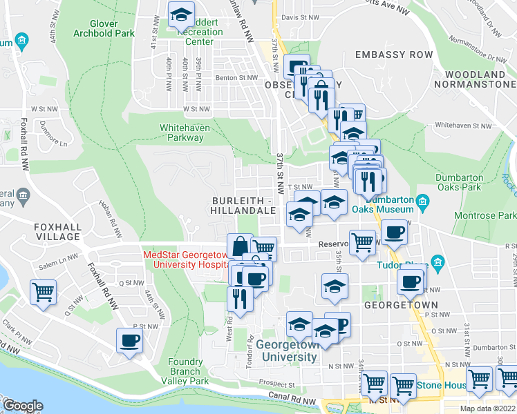 map of restaurants, bars, coffee shops, grocery stores, and more near S Street Northwest & 38th Street Northwest in Washington