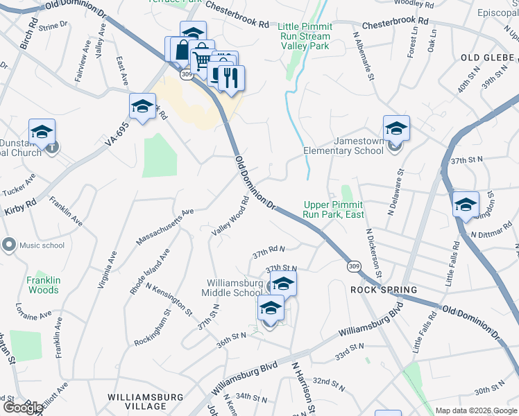 map of restaurants, bars, coffee shops, grocery stores, and more near 6125 Old Dominion Drive in McLean