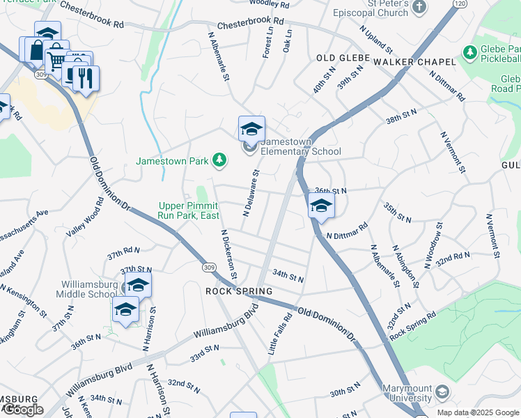 map of restaurants, bars, coffee shops, grocery stores, and more near 3530 North Dinwiddie Street in Arlington
