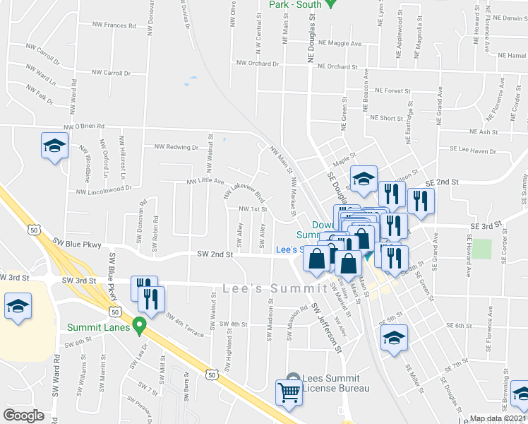 map of restaurants, bars, coffee shops, grocery stores, and more near 98 Northwest 1st Street in Lee's Summit