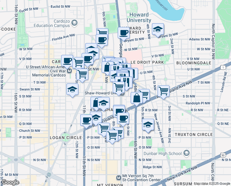 map of restaurants, bars, coffee shops, grocery stores, and more near 101 Independence Avenue Southeast in Washington
