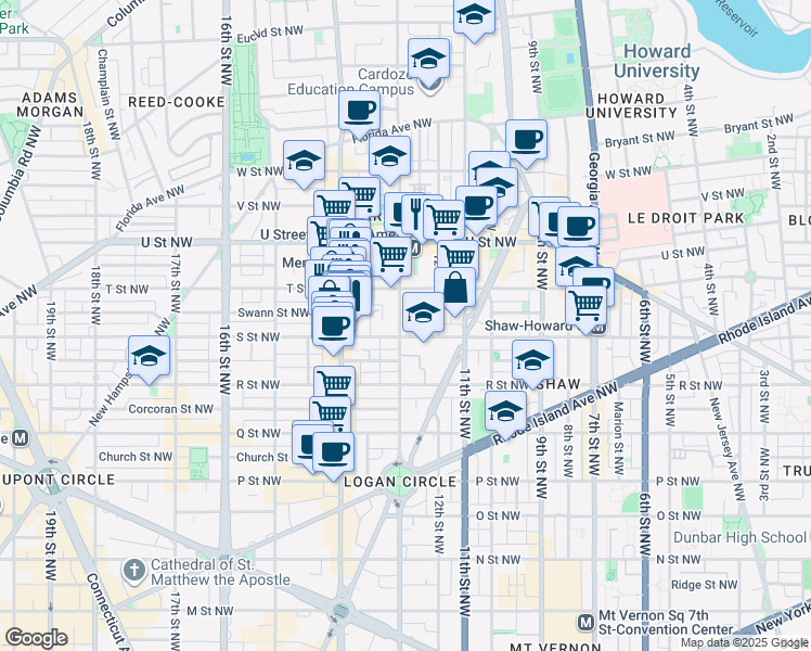 map of restaurants, bars, coffee shops, grocery stores, and more near 1807 13th Street Northwest in Washington