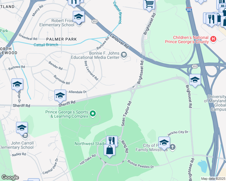 map of restaurants, bars, coffee shops, grocery stores, and more near 8206 Sheriff Road in Hyattsville